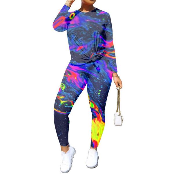 

new tie-dye two pieces sports suits women's tracksuits autumn spring long sleeve round collar slim fit leggings outfits, Black;blue