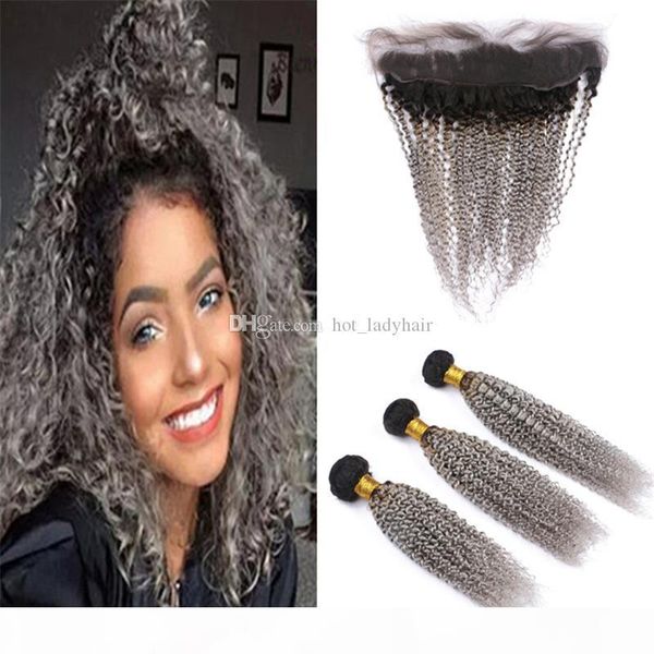 

black to gray ombre curly human hair weave bundles with lace frontal closure kinky curly dark roots grey ombre indian hair and frontal, Black;brown
