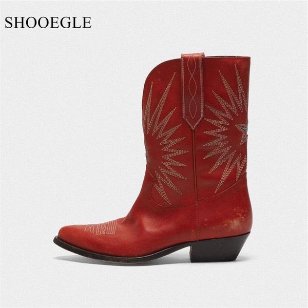 

botas mujer red black western boots cowboy style embroidery star boots women med heel pointed toe slip on leather short booties