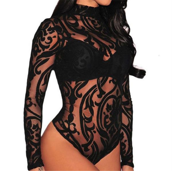

women black sheer mesh jumpsuit lace long sleeves turtleneck bodysuit new see-through slim romper ladies' summer playsuit, Black;white