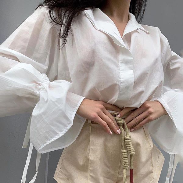 

women casual cotton linen solid color blouses buttons lapel elastic tie long sleeves shirts fall elegant shirts, White