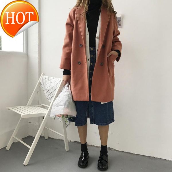 

women's wool & blends cashmer casual loose women long coat turn-down collar woolen jacket double breasted pockets and, Black