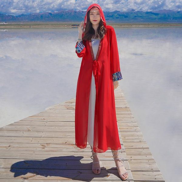 

#3938 red chiffon kimono coat women windbreaker vintage loose sunscreen cardigan women trench coat long thin summer overcoat, Tan;black