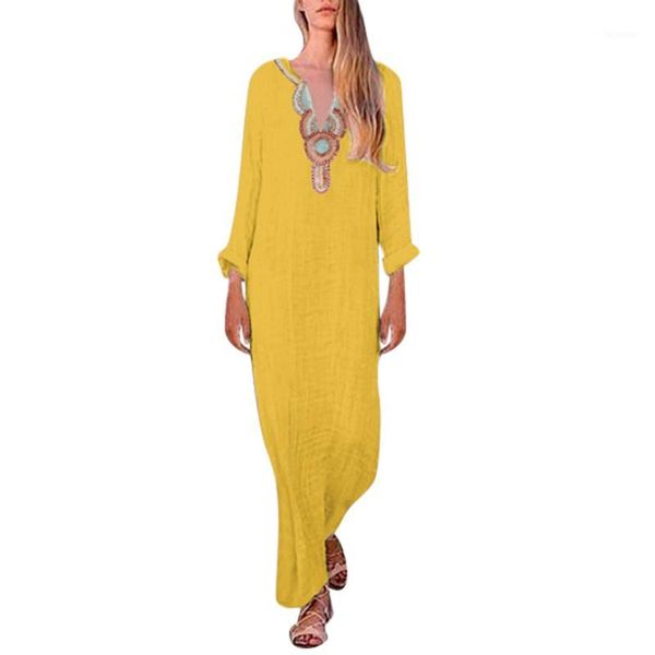 

2019 autumn fashion women loose linen printed full sleeve v-neck maxi dress split hem baggy kaftan long dress hip n41, Black;gray
