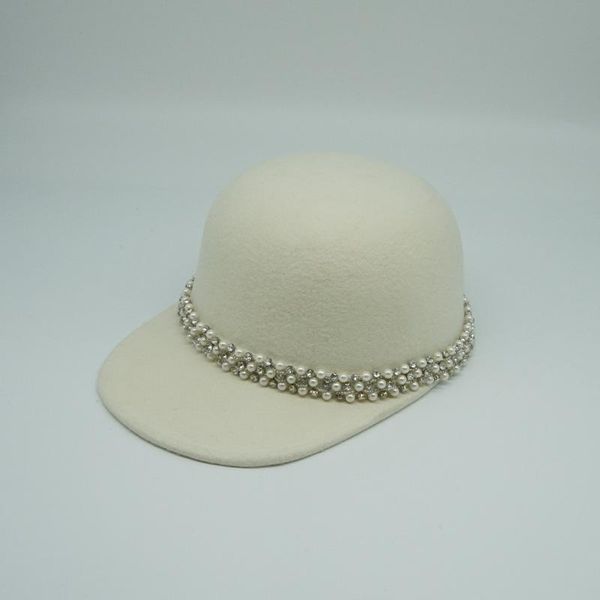 

stingy brim hats 202112-panshi-white wool shining rhinestone pearl lady octagonal hat women visors cap, Blue;gray