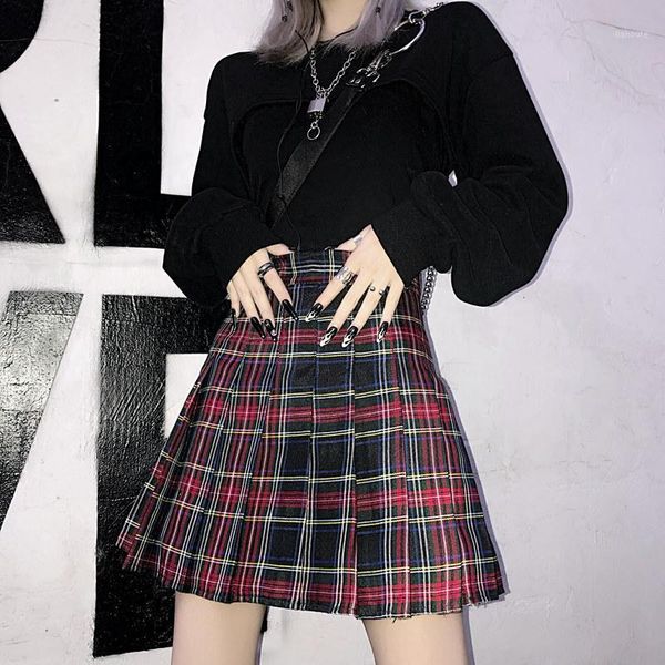 

new spring autumn vintage fashion women plaid punk gothic girls harajuku high waist a-line mini skirt streetwear1, Black