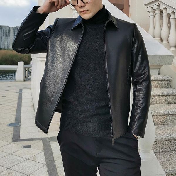 

leather leather factory men brief paragraph middle-aged high-end coat lapels deerskin jacket business texture1, Black