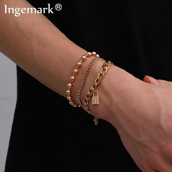 

vintage punk cuban lock pendant bracelets set for women men alloy metal beaded link snake chain bangle charm friend hand jewelry, Black