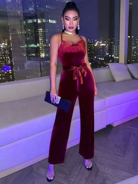 

criss cross backless belted velvet jumpsuit x3c1#, White