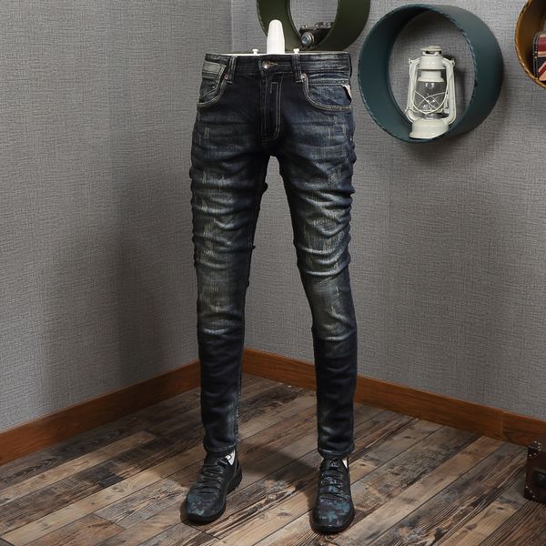 

2021 new italian style fashion retro black blue slim fit scratch ripped men denim pants streetwear vintage designer jeans 2ed6