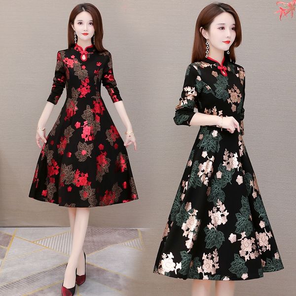 

autumn 2020 new large size improved cheongsam broad lady dress middle-aged mother temperament thin belly covering cheongsam women's dre, Black;gray