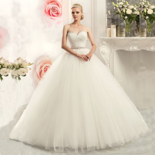 

2021 new gorgeous ball sweetheart sleeveless pleats tulle bridal gown beading belt robe de mariage wedding es imq5, White