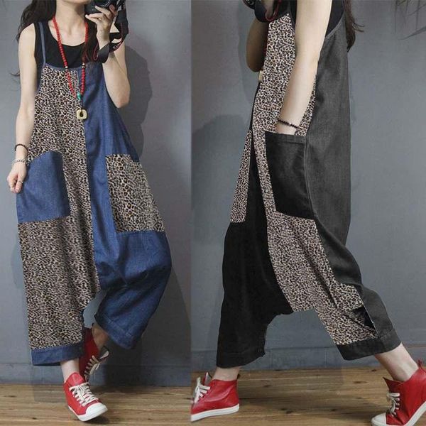 

plus size women's drop crotch jumpsuits zanzea kaftan overalls summer patchwork leopard rompers female dungaree playsuits pants, Black;white