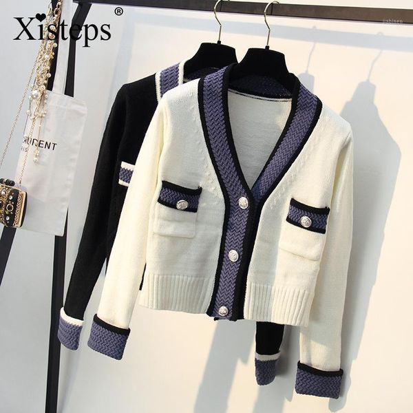 

xisteps casual pactwork knitted cardigan v-neck white long sleeve loose short women sweater elegant cardigan autumn winter 20201