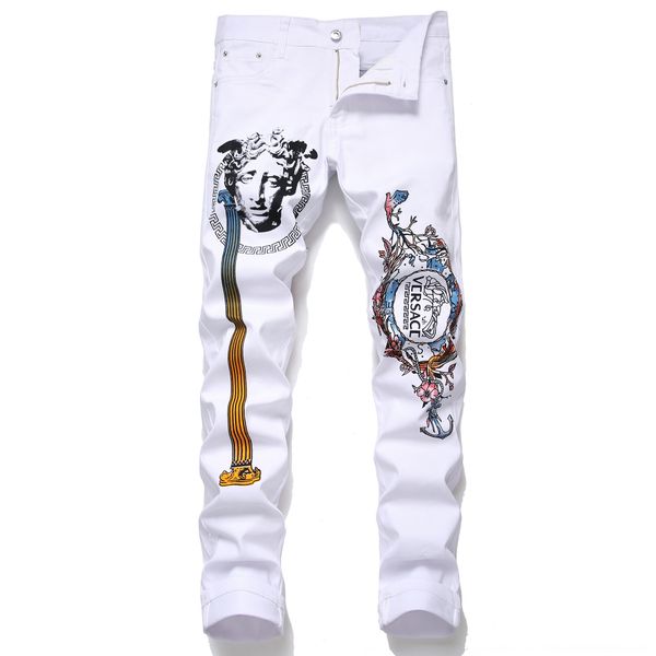 

eaj7y guochao elastic fashion tube straight four seasons new white printing personalized jeans men slim br long jeans and jeanstrousers and, Blue