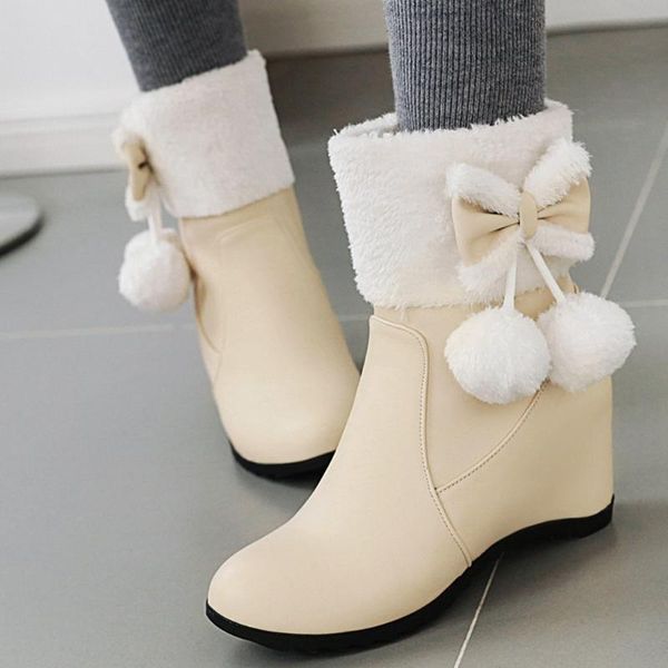 

boots snow women waterproof shoes women's sweet wedges bow ankle bare side zip casual short tube booties#4, Black