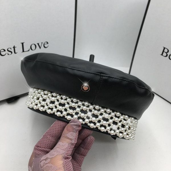 

berets europe and the united states pu black beret for women with peals hat vintage french elegant british homburg girl, Blue;gray