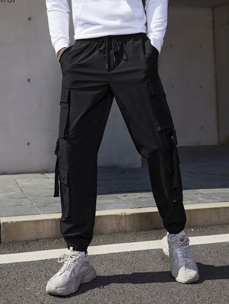 

men push buckle flap pocket cargo pants o9rk#, Black