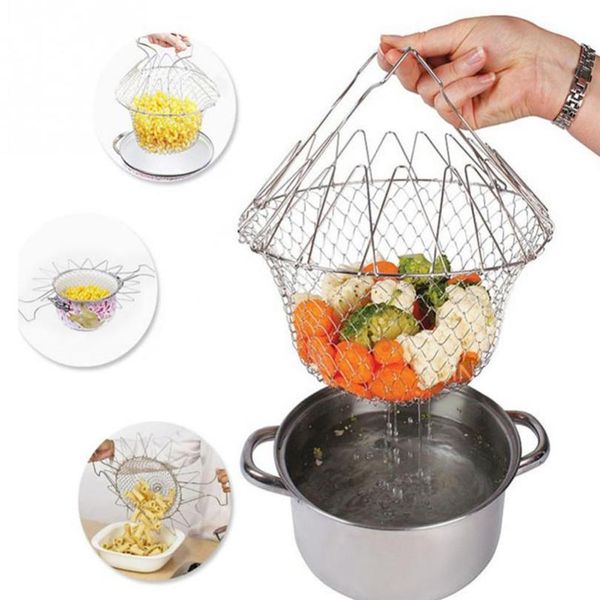 

foldable steam rinse strainer stainless steel colander magic basket drainer frying french fryer tool kitchen cookin bbysrr