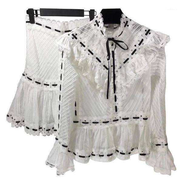 

livivio] ruffles lace patchwork women's sets flare long sleeve blouse ruched mini skirt two piece matching set female 20191, White