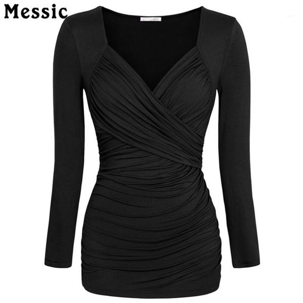 

messic fashion long sleeve crossover v neck t-shirt slim fit pleated shirt femme bodycon casual tunic for women1, White