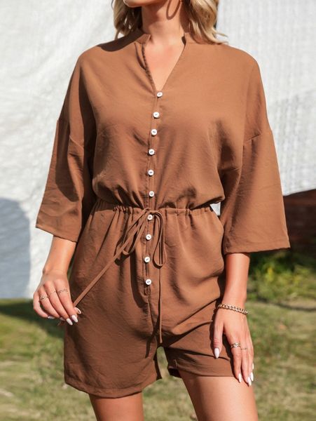 

drop shoulder drawstring waist romper a4hl#, White