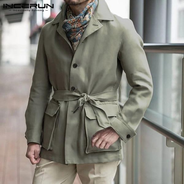 

fashion men jackets long sleeve solid color streetwear lapel button pockets coat outerwear men lace up overcoat 2020 incerun, Black;brown