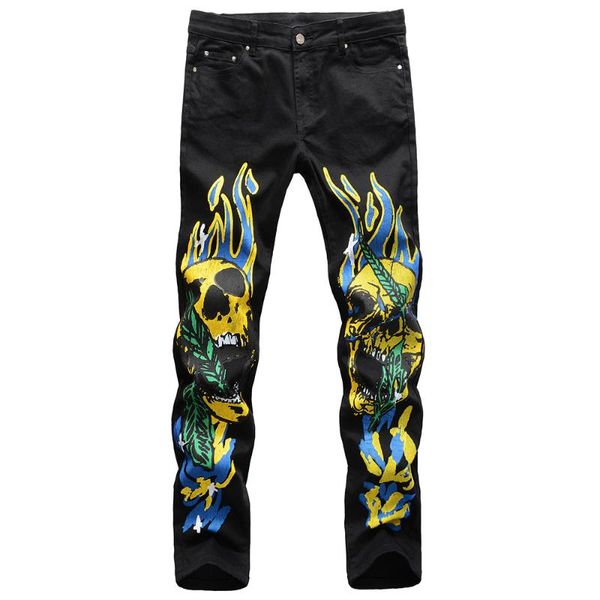 

men's skull 3d print jeans streetwear flame paintedv slim straight stretch denim pants trousers black white, Blue