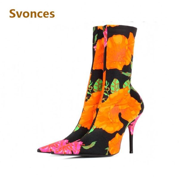 

fashion flower ponited toe lady boots mixed color mid-calf thin high heels shoes women silk new designer zapatos mujer, Black