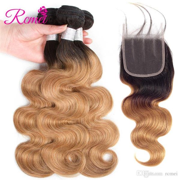 

rcmei brazilian pre-colored human hair weave 3 bundles body wave ombre body wave hair with middle three prat lace closure 1b 27, Black;brown