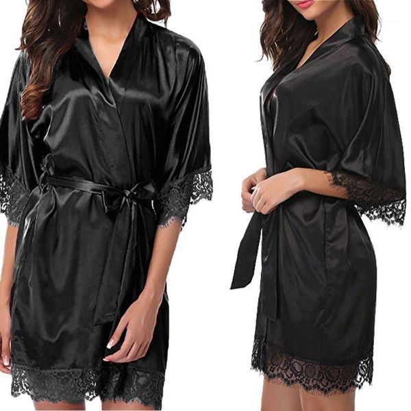 

women's lace nightgown robe lady sleepwear satin nightwear lingerie pajamas suit silk kimono robe bathrobe plus size j601, Black;red