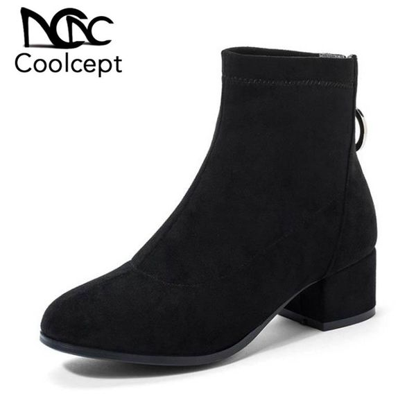 

boots coolcept women winter fur plus size 31-45 office ladies ankle square heels daily simple short zipper botas footwear, Black