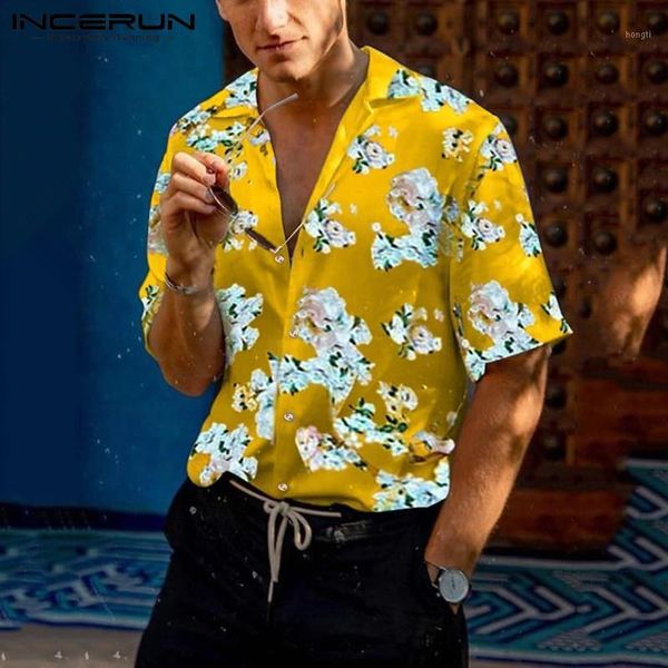 

2020 fashion men short sleeve lapel brand blouse flower printed shirts hawaiian summer breathable casual hombre blusas s-3xl1, White;black
