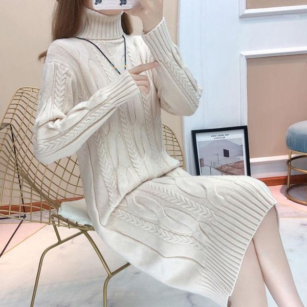 

2020 new women winter elegant turtleneck long sleeve dress fashion lady vintage plus velvet loose knitted sweater dress z1131, White;black