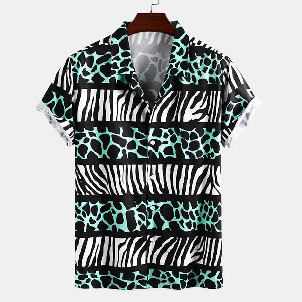 

2021 new hawaiian style printed short sleeve men's casual shirtslim fit fashion floral print dress males clothes, White;black