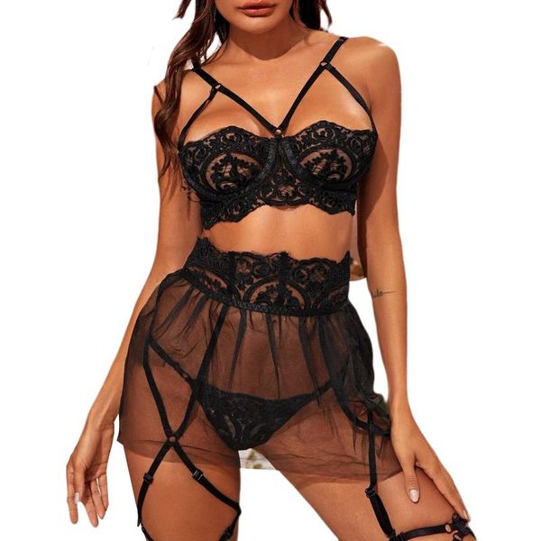 

my 3 pcs women lingerie set, embroidery underwire bra + thong + see-through mesh skirt, Red;black