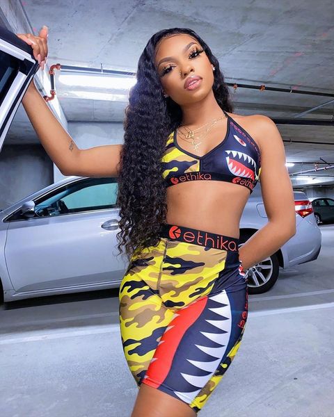 

contrast letter camouflage cartoon vest sports women two piece suit lace up o neck crop empire shorts 2020 summer casual set, Gray