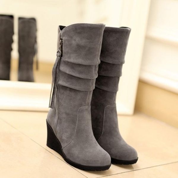 

jayhw autumn and winter new style women middle tube boots fashion wedge shoes woman high heel tassel boots1, Black