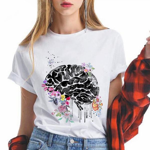 

harajuku kawaii cartoon brain flowers t shirt women ullzang small fresh t-shirt 90s graphic fashion tshirt korean style tee, White