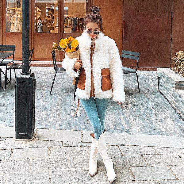 

women's fur & faux autumn winter 2021 female jacket loose thickened casual long imitation contrast big pocket wool short women coat a85, Black