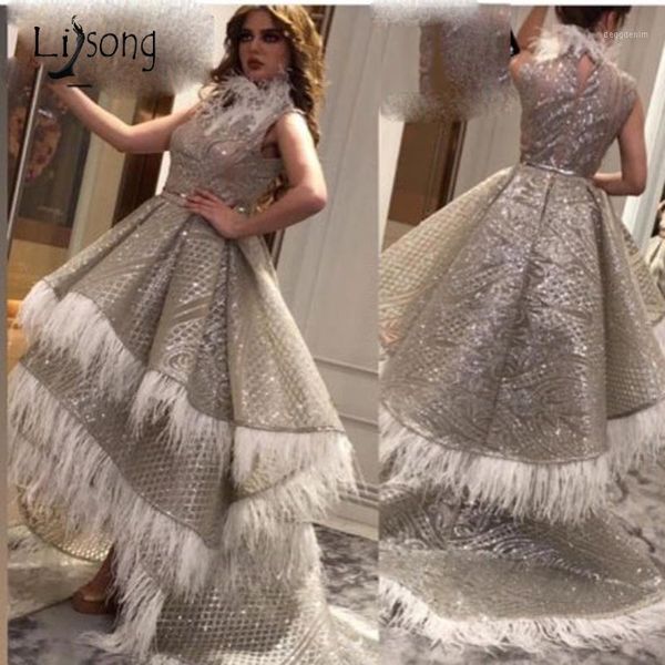 

party dresses sparkle gray lace sequined high low prom feather tiered puffy gowns collar appliques formal dresses1, White;black