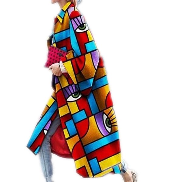 

winter women coat long flared sleeve printed loose windbreaker straight type lapel women coat 201211, Tan;black