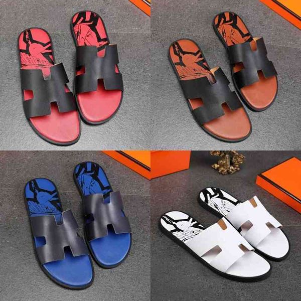 

2022 men's slippers layer h slippers summer wear trend leather one line sandal fashion brand korean anti slip and versatile personality, Black