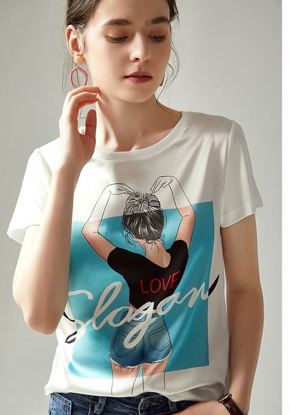 

qirbo белого шелка короткого рукава tusmf silksilk лето 2020 нового европейская моды иностранного стиль печатной шелковица топ silkt футболк, White