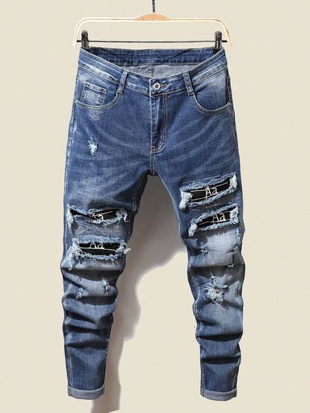 

men ripped cat whisker tapered jeans n7ho#, Blue