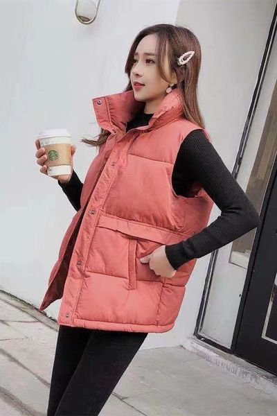 

women winter down vests casual pure 3 colors pocket puffer vests coats 2020fw outerwear womens clothing autumn, Black;white