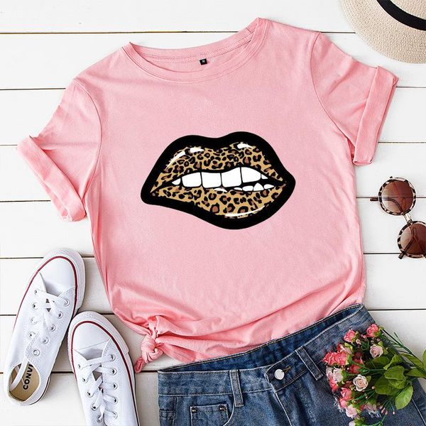 

women tshirt graphic tees cotton leopard lips print t shirts streetwear oversized clothes short sleeve funny shirt, White