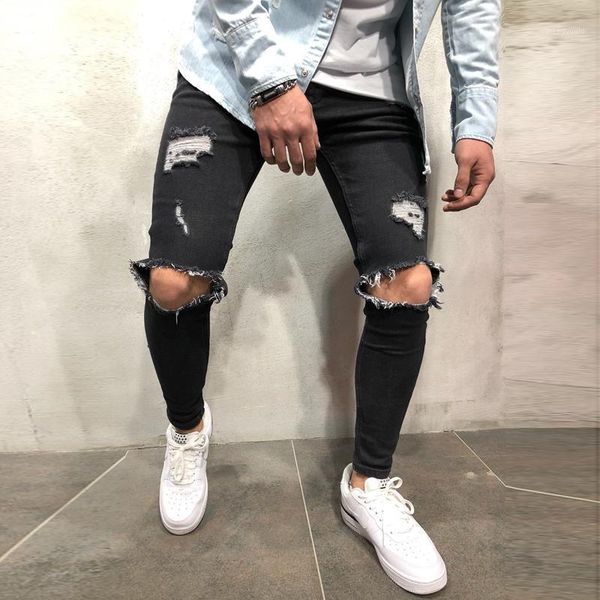 

2020 mens cool black jeans skinny ripped destroyed stretch slim fit hop hop pants with holes for men1, Blue