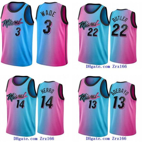 

men basketball jersey miami heat dwayne 3 wade 22 jimmy butler 13 adebayo 14 herro city 2020 21 basketball jersey, Black;red
