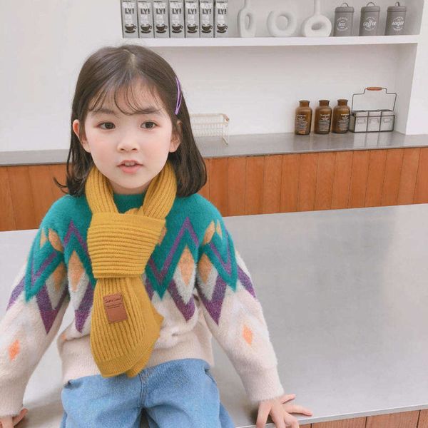 

children's simple versatile label pure color autumn winter stripe boys' and girls' long scarf baby knitted neck, Red;brown